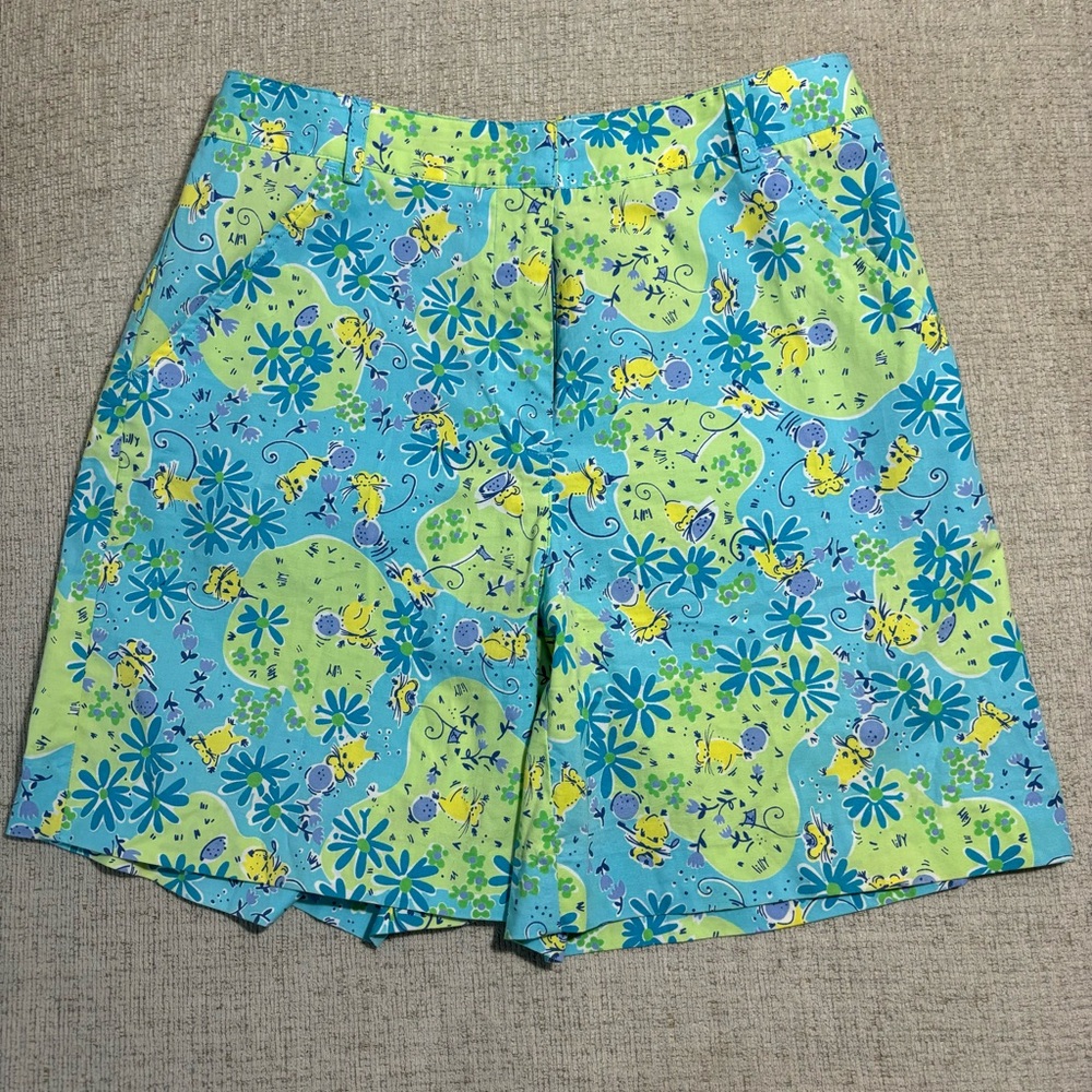 Lily Pulitzer NWOT mice Floral Patterned Shorts blue green mouse zipper front